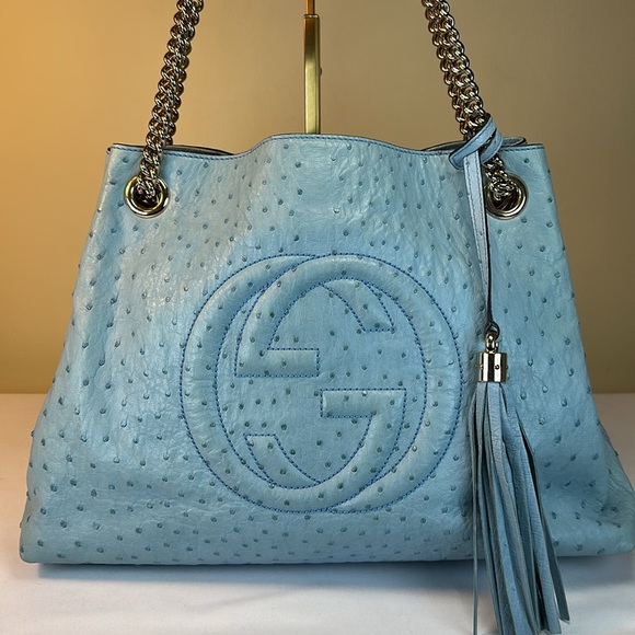 Gucci Rare GG Ostrich Leather Soho Blue Tassel Original Tag Shoulder/Crossbody